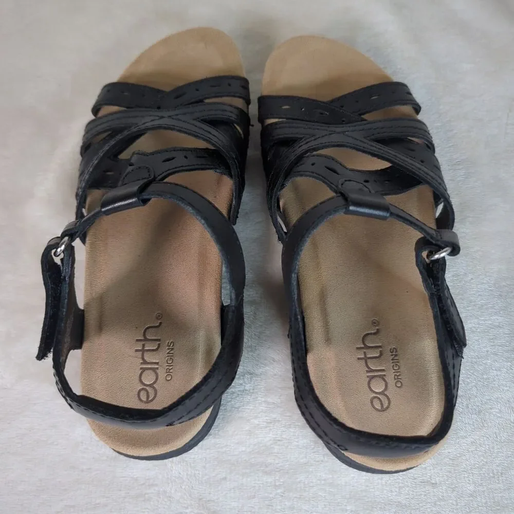 Earth Origins Etsellie Leather Strappy Sandal Womens 7 Black Cushioned Walking - Picture 6 of 10